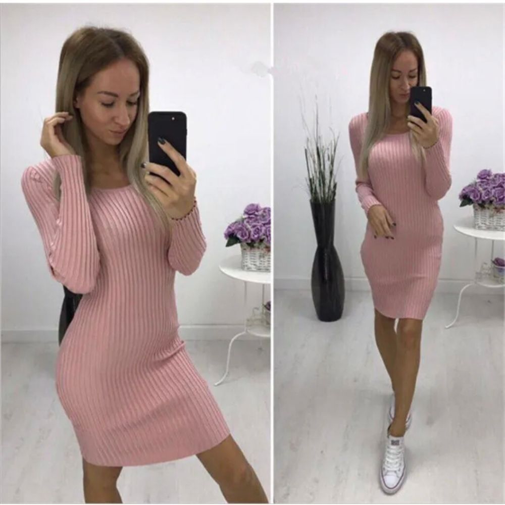 Women Sexy Bodycon Knit Sweater Dress Casual Slim Long Sleeve Mini Jumper Party